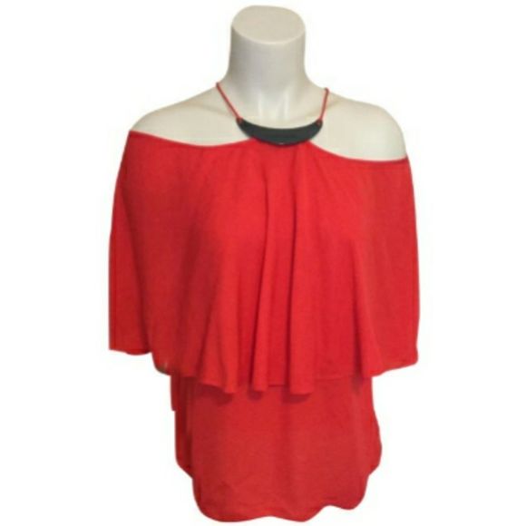 Halston Women's Red Flowy Top W Hardware - Picture 3 of 10